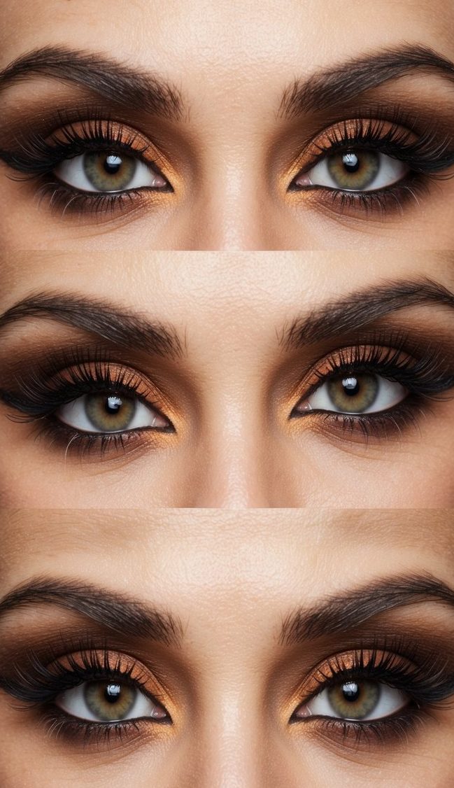 A chocolate brown fox with fierce, lifted eyes, showcasing natural lashes in a bold makeup style