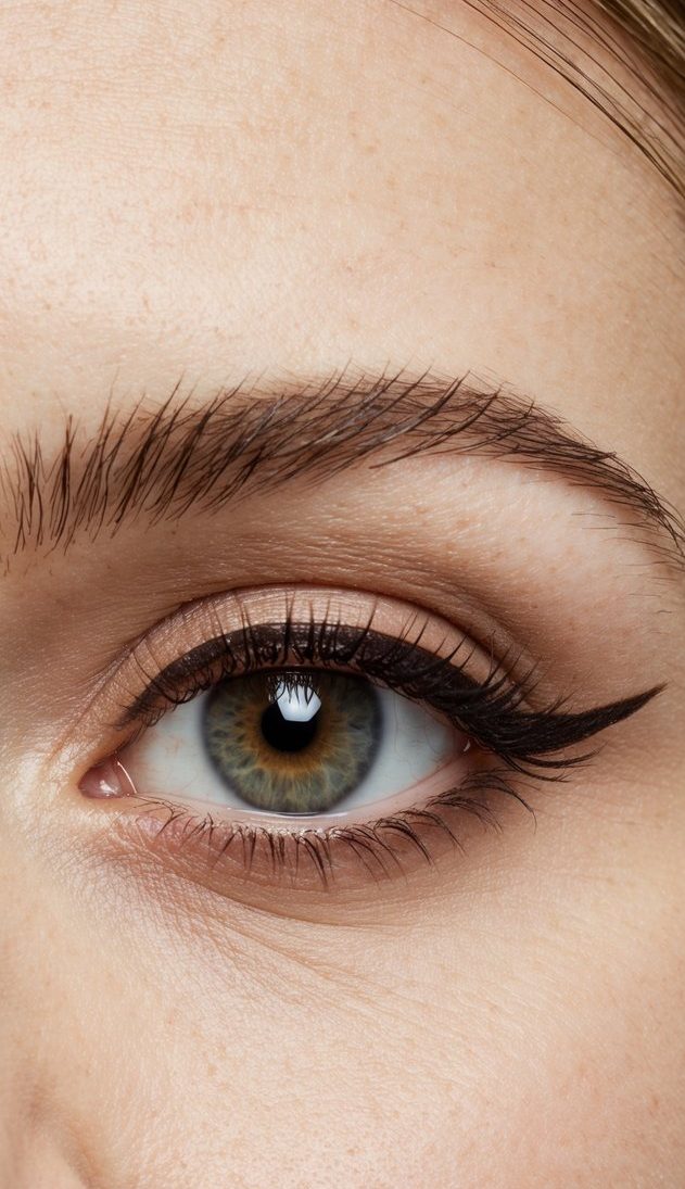 A close-up of an eye with a slight wing created with brown eyeliner, exuding soft and innocent charm