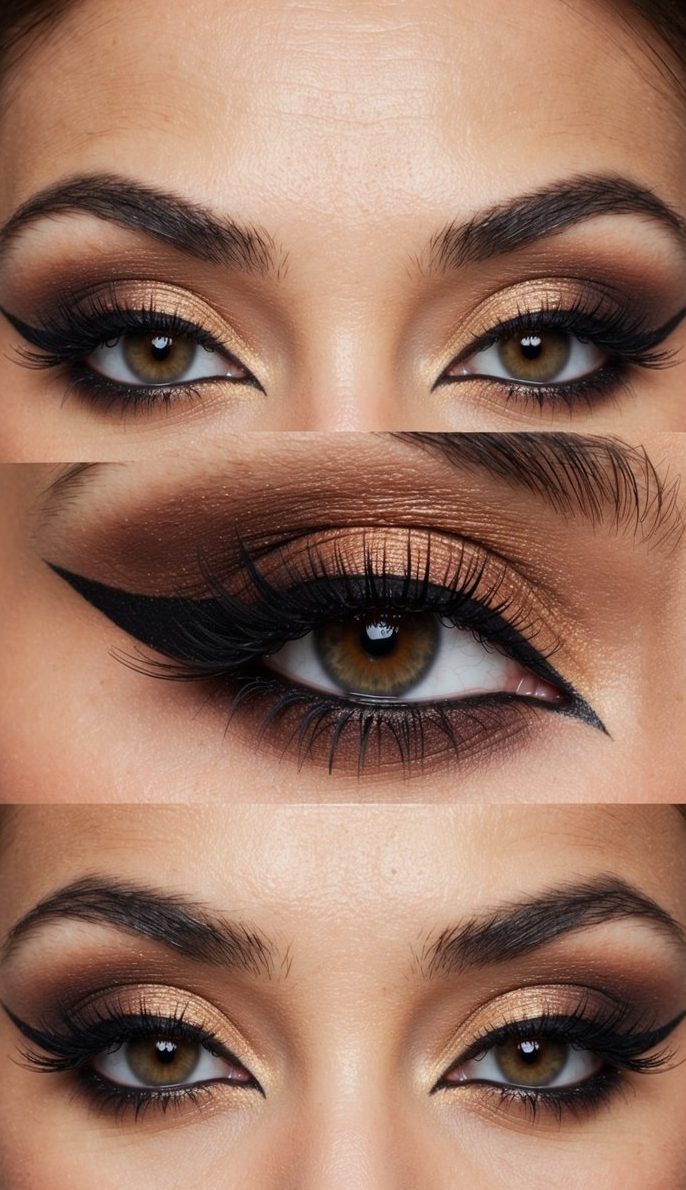 A close-up of a fierce fox eye makeup look with black liquid liner and gradient brown shadow for a lifted, dramatic effect