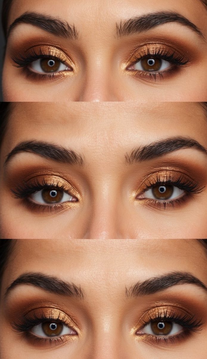 A bronzed highlighter is applied to accentuate the cheekbones, complementing warm, sultry smoky brown eye makeup styles