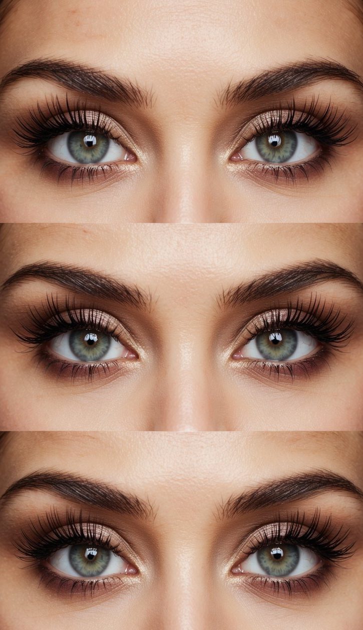 Eyelash curler in hand, open eyes. Palette of eye makeup looks in the background