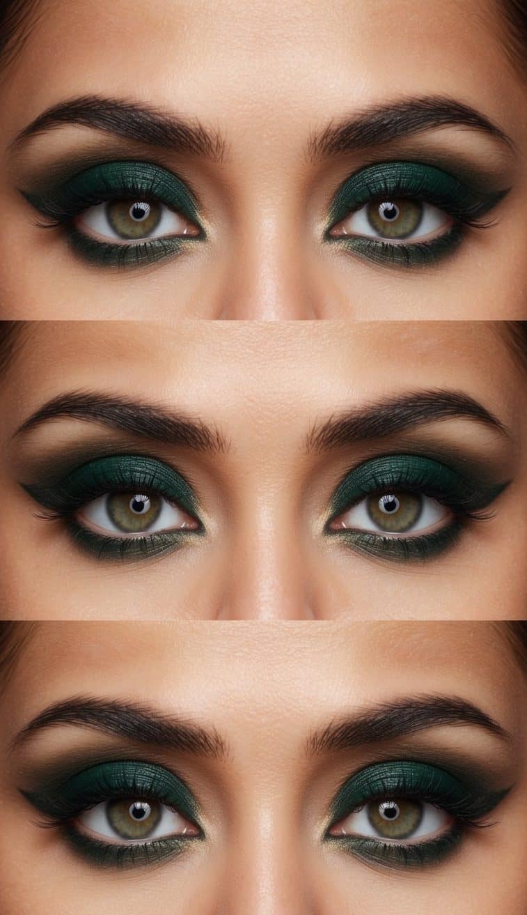 A dark green shadow contrasts with almond eye makeup styles in a classic shape