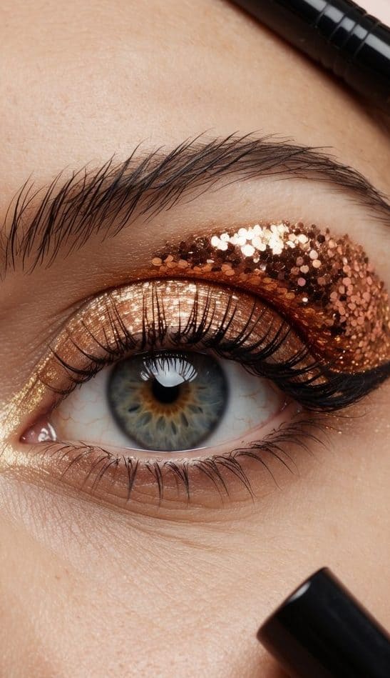 A close-up of an almond-shaped eye with a copper glitter accent on the outer V, surrounded by various makeup products and brushes
