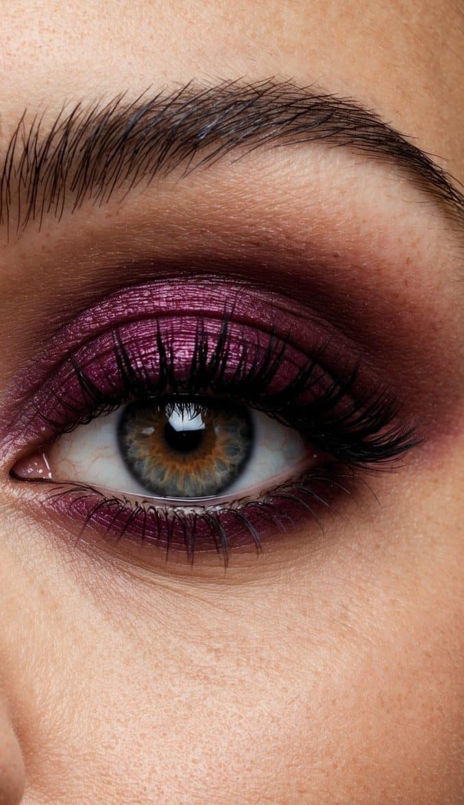 A close-up of an almond-shaped eye with dramatic deep burgundy eye makeup, showcasing one of the 50 styles