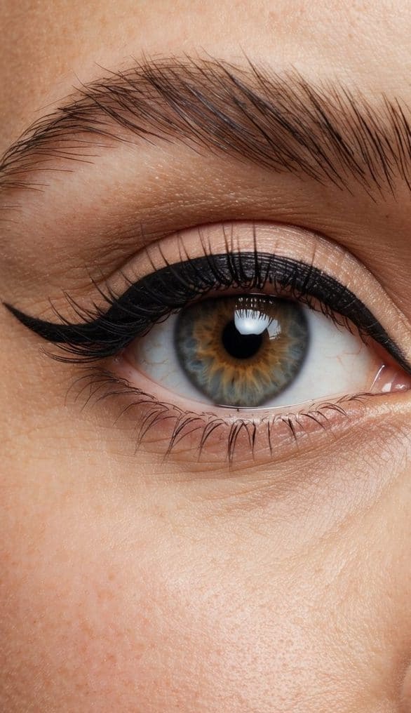 A close-up of an almond-shaped eye with a classic cat eye look created with liquid liner