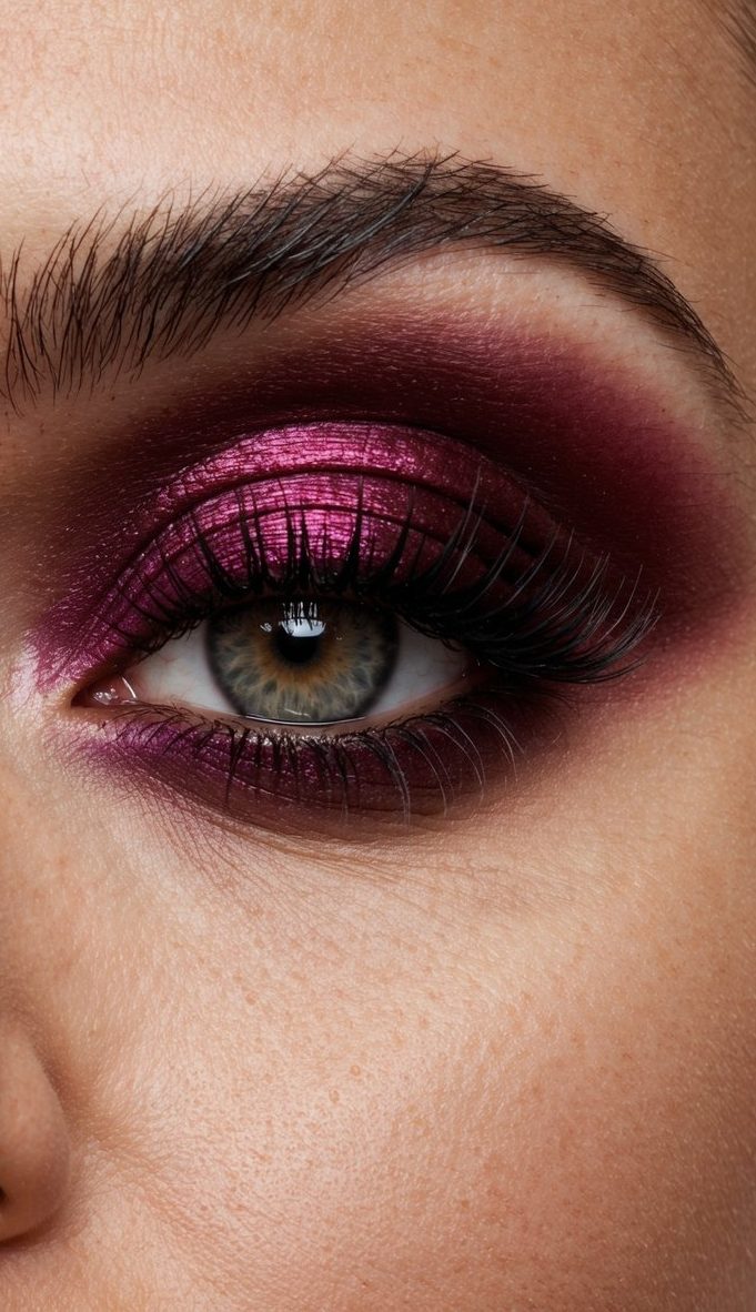 A close-up of a dramatic velvet burgundy smokey eye makeup look with intense shadows and highlights