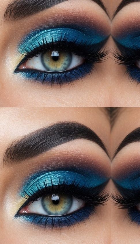 A close-up of a dramatic eye makeup look with bold, winged eyeliner and vibrant colors, drawing attention to the eyes