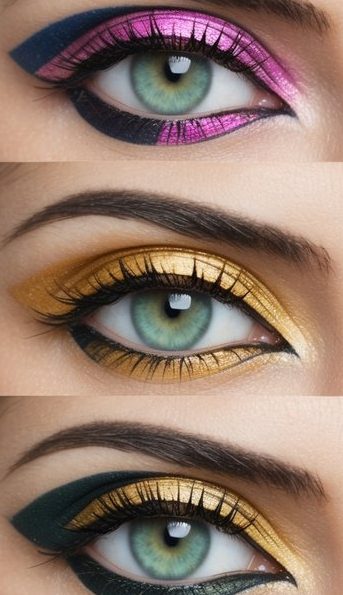 A collection of vintage film strip lids showcasing 50 eye makeup art designs, transforming the lids into colorful canvases