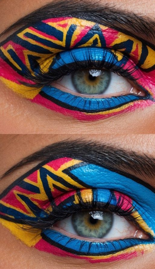 Vibrant eye makeup art covers a brick wall, featuring graffiti-inspired designs in bold colors and intricate patterns