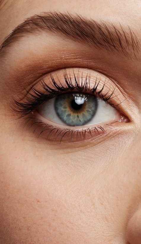 A close-up of an eye with soft peachy tones in the makeup, surrounded by various makeup tools and products