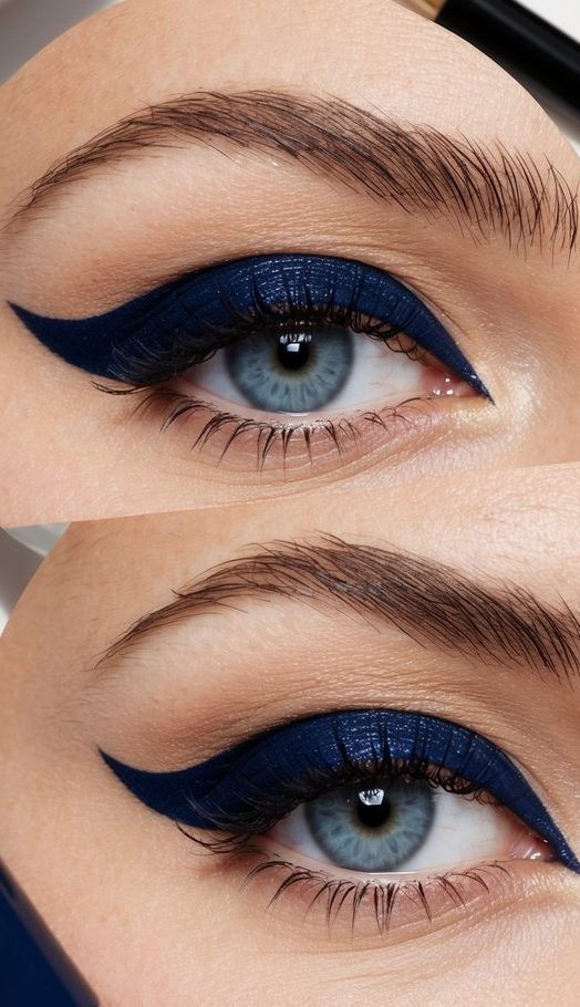 A close-up of a navy blue under eye liner applied with precision, surrounded by other eye makeup products and tools