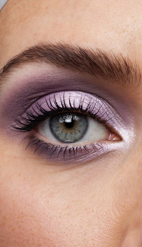 A close-up view of an eye with lilac matte eyeshadow and silver accent, surrounded by various makeup tools and products