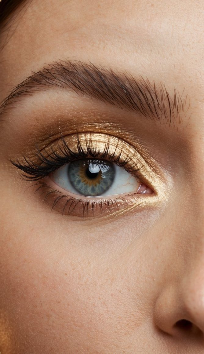 A close-up of an eye with soft gold eyeshadow and delicate eyeliner, surrounded by muted gold accents