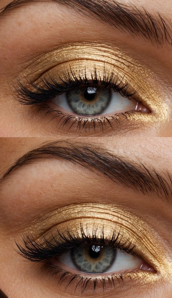 A close-up of an eye with creamy gold eyeshadow, surrounded by various makeup tools and products