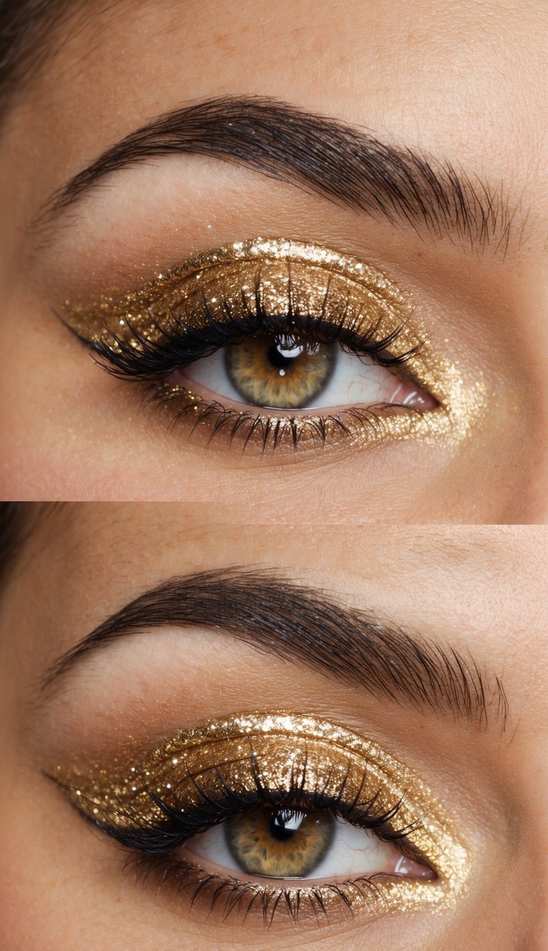 A close-up of a glittery gold eye makeup look, with a soft glam aesthetic