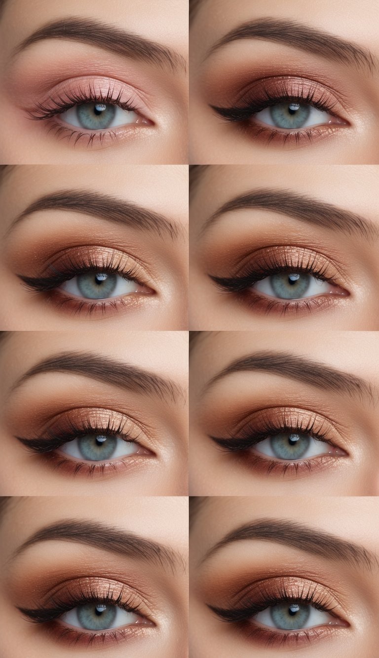 A palette of peachy tones with a soft brown crease, arranged in a curated mix of soft glam makeup looks