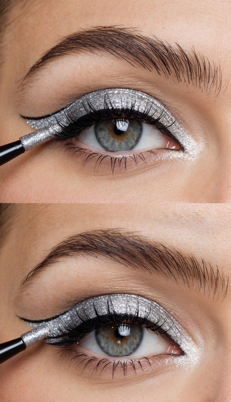 Shimmery silver eyeliner applied to the upper lash line, creating a soft glam look