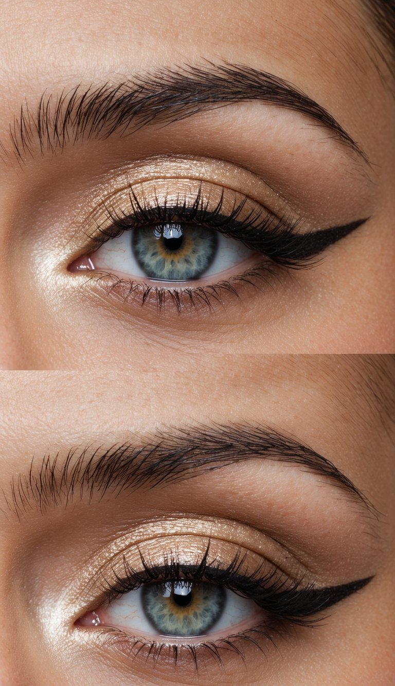 A close-up of an eye with champagne shimmer on the inner corners, creating a soft glam makeup look