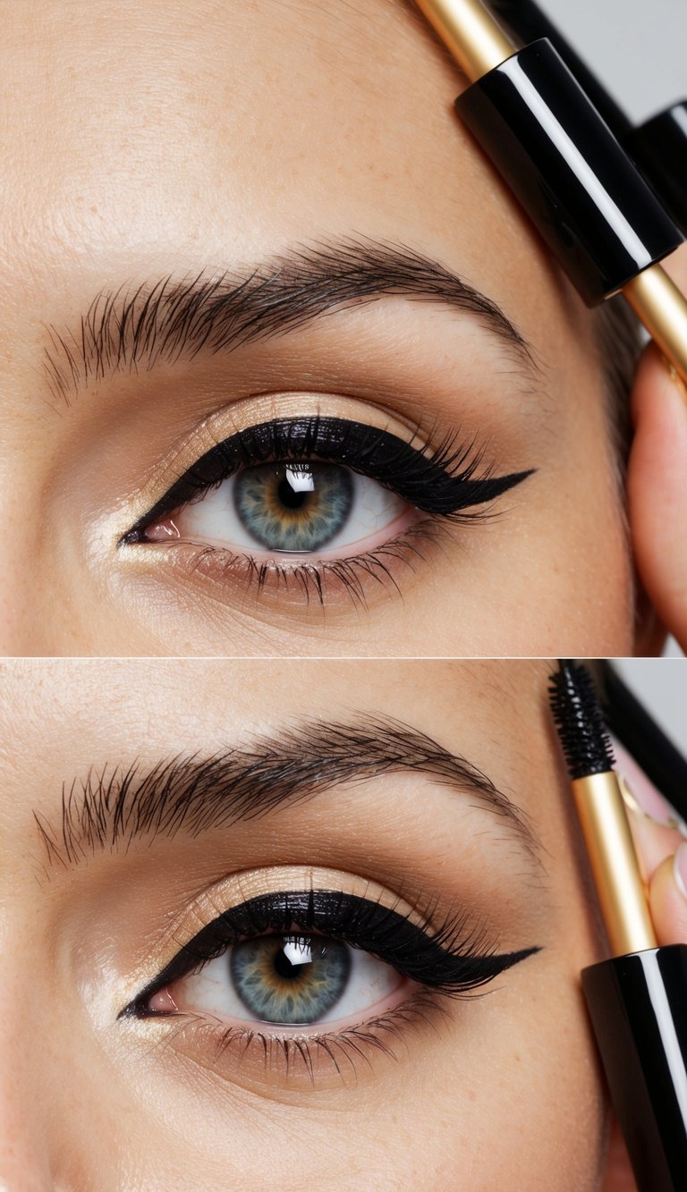 A close-up of a classic cat eye with liquid black liner, surrounded by soft glam eye makeup inspiration