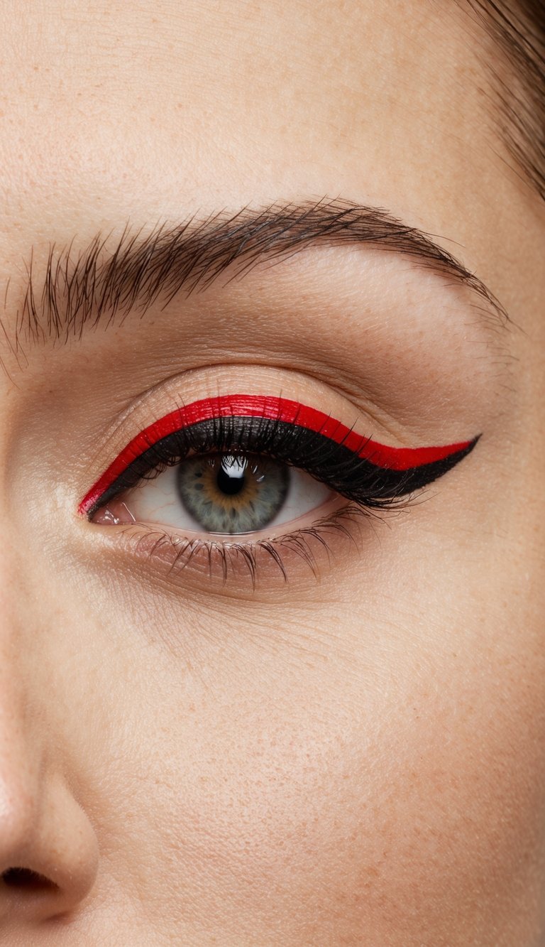 A close-up of a bold red eyeliner drawing a dramatic line across a neutral-toned eyelid, creating a statement look for a glamorous moment