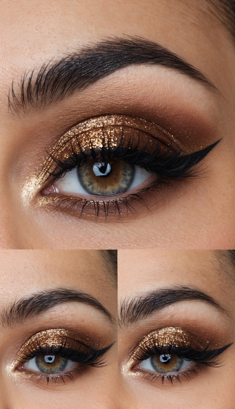 Bronze eyeshadow with glitter, winged eyeliner, soft glam makeup