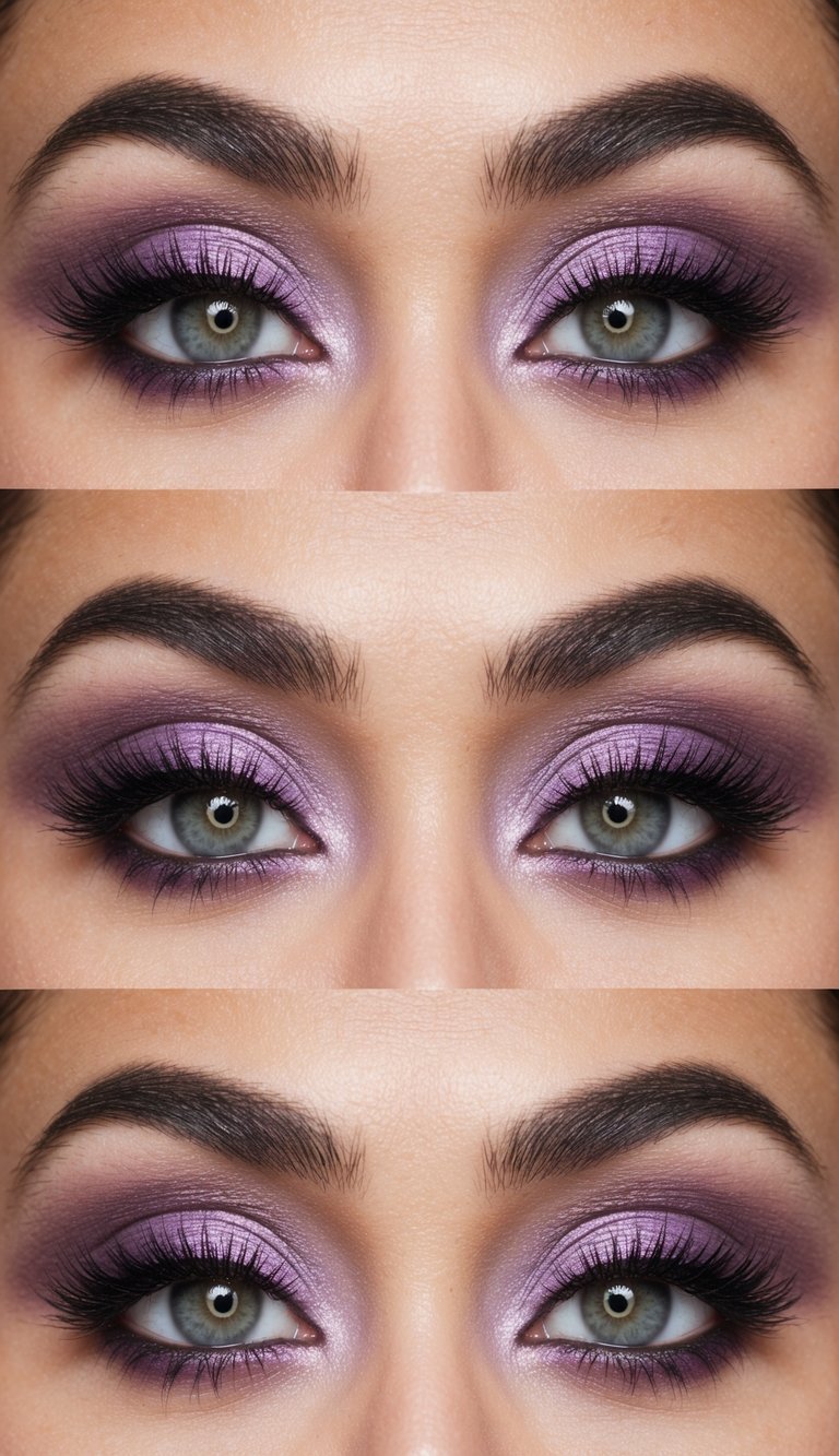Soft lavender shadow and thick mascara create a dreamy and glamorous eye makeup look
