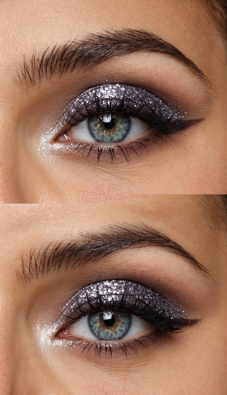Soft glam eye makeup with glitter ombre shadow fading from inner to outer lid
