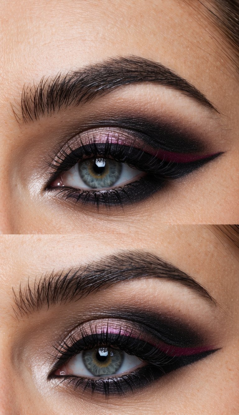 Close-up of an eye with elaborate makeup featuring pink and black eyeshadow blend, extended black eyeliner, and defined eyebrows.