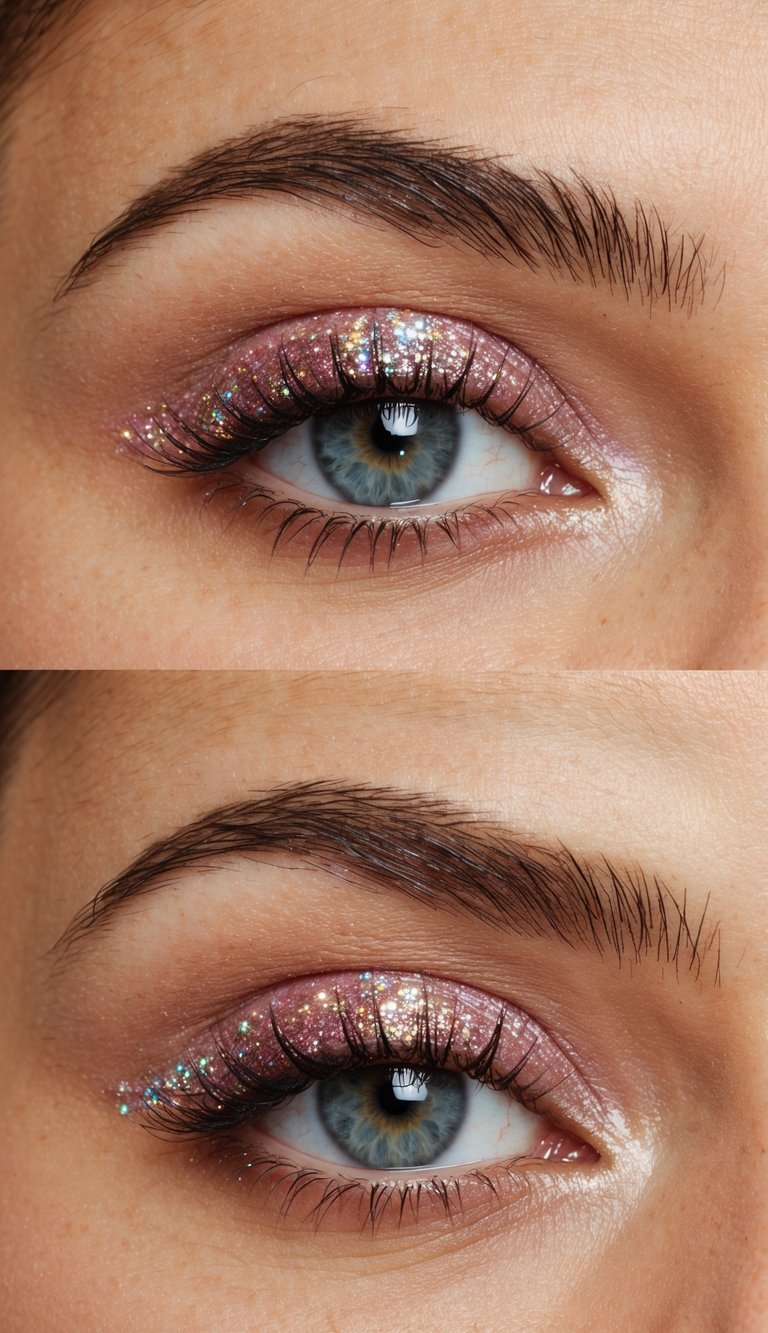 Soft pink shadow with holographic glitter shimmering on eyelids