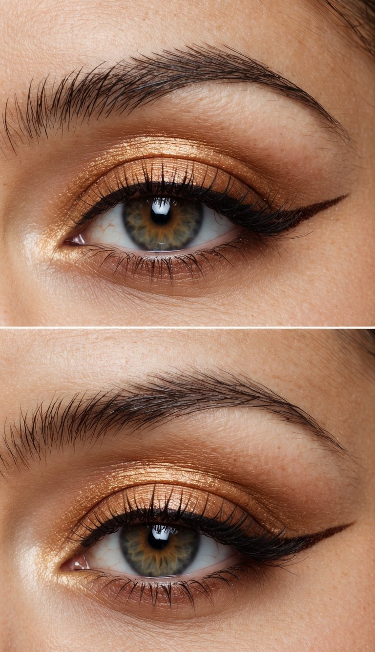 A close-up of an eye with copper shadow and warm brown liner, creating a soft glam look