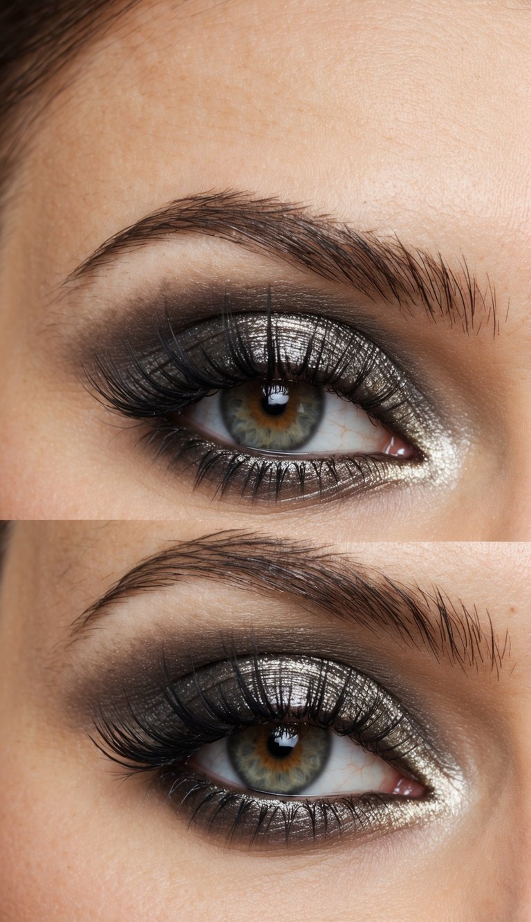 A close-up of metallic gunmetal eye makeup with wispy lashes, creating a soft glam look
