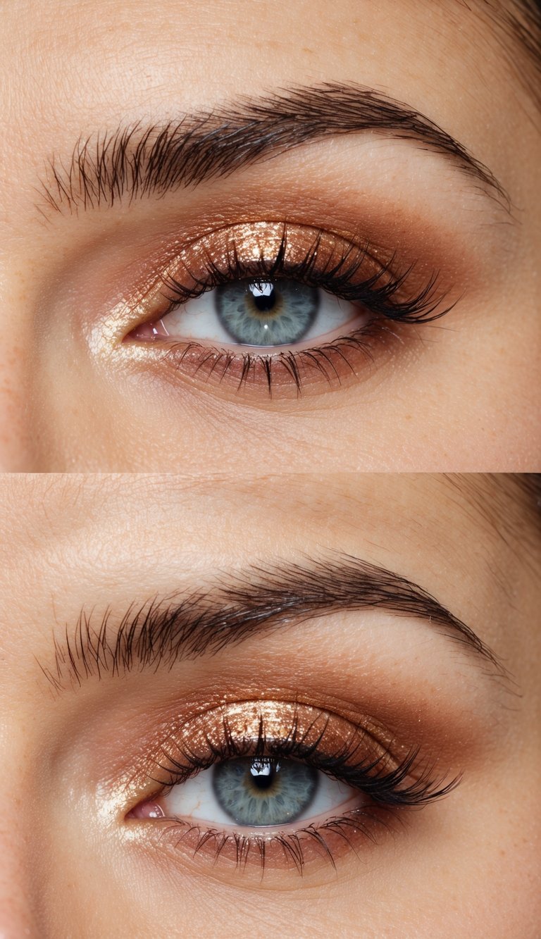 Glittery eyeshadow applied in a peachy hue with a soft glam aesthetic