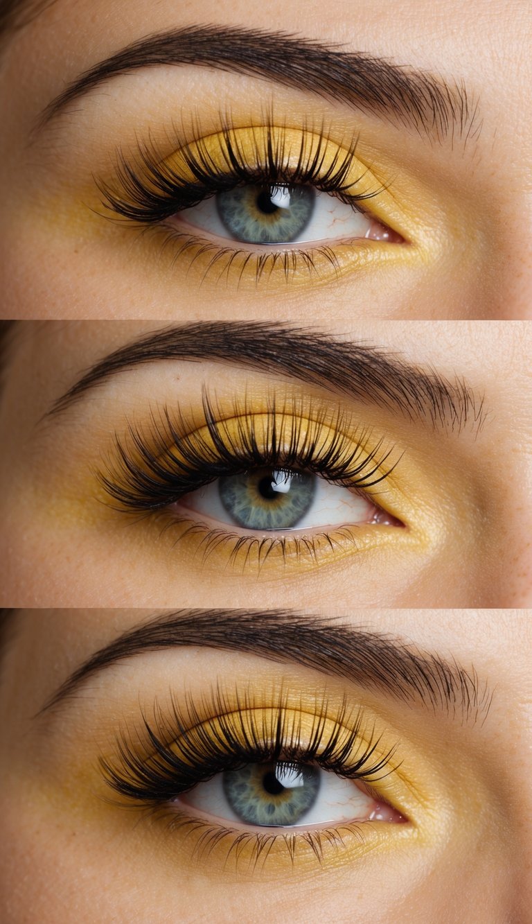 Soft yellow shadow with feathered brows creates a soft glam look