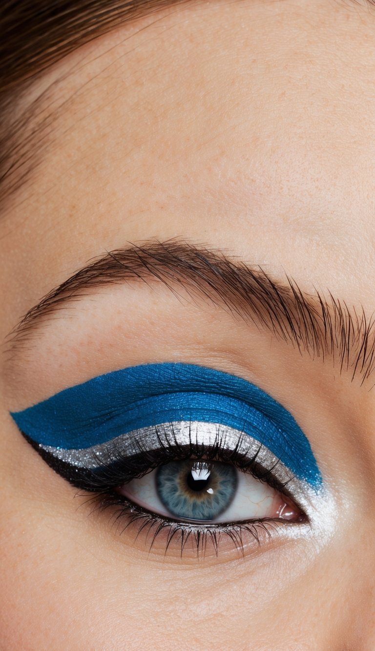 A close-up of an eye with sapphire blue shadow and silver liner, exuding a soft glam aesthetic