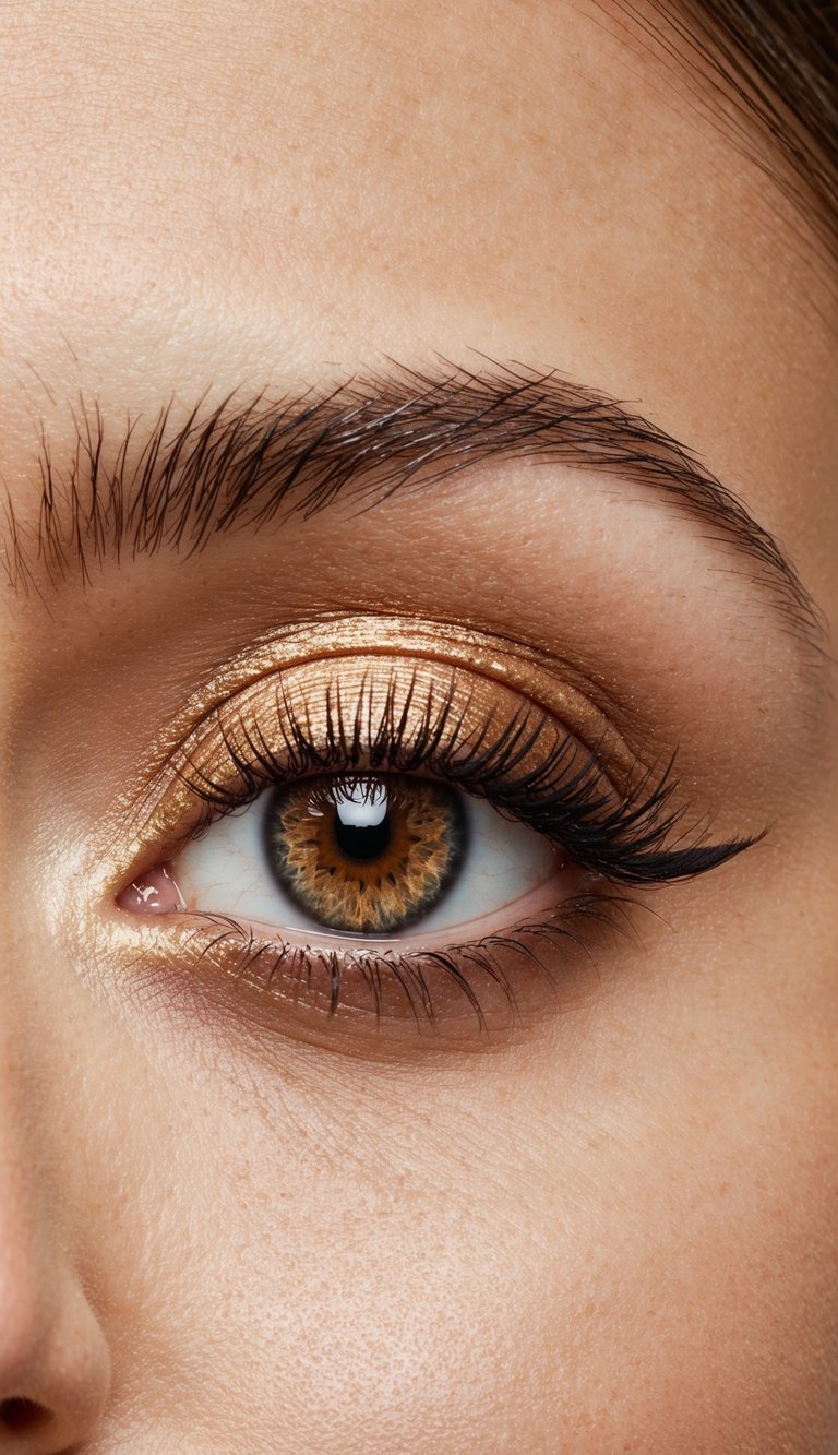 A close-up of an eye with a metallic bronze highlight on the inner lid, creating a soft glam makeup look