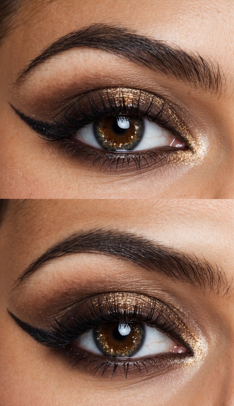 A close-up of a deep brown eye with a subtle glitter fade, creating a soft glam makeup look