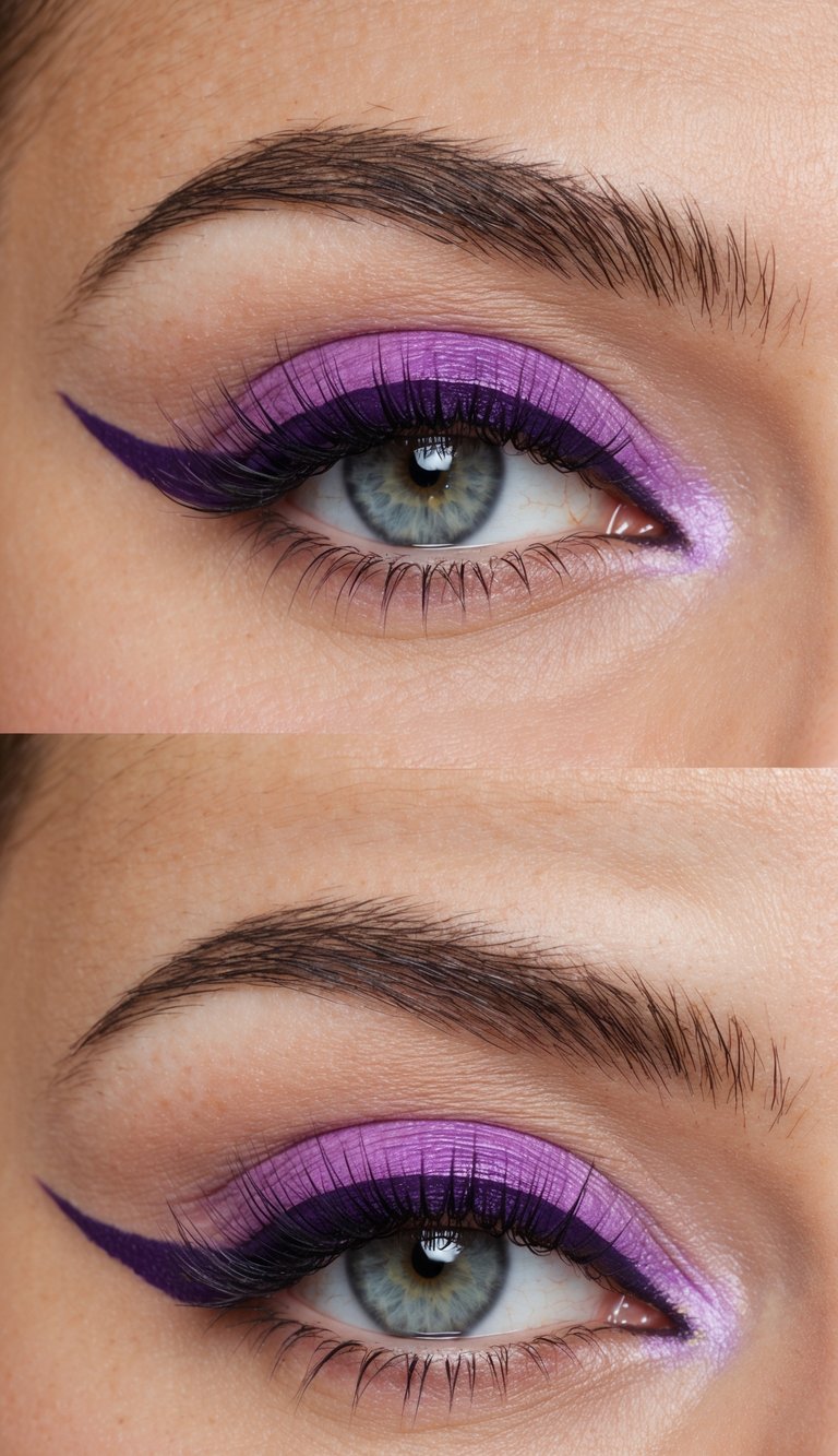 A bright violet winged liner look with soft glam eye makeup inspiration