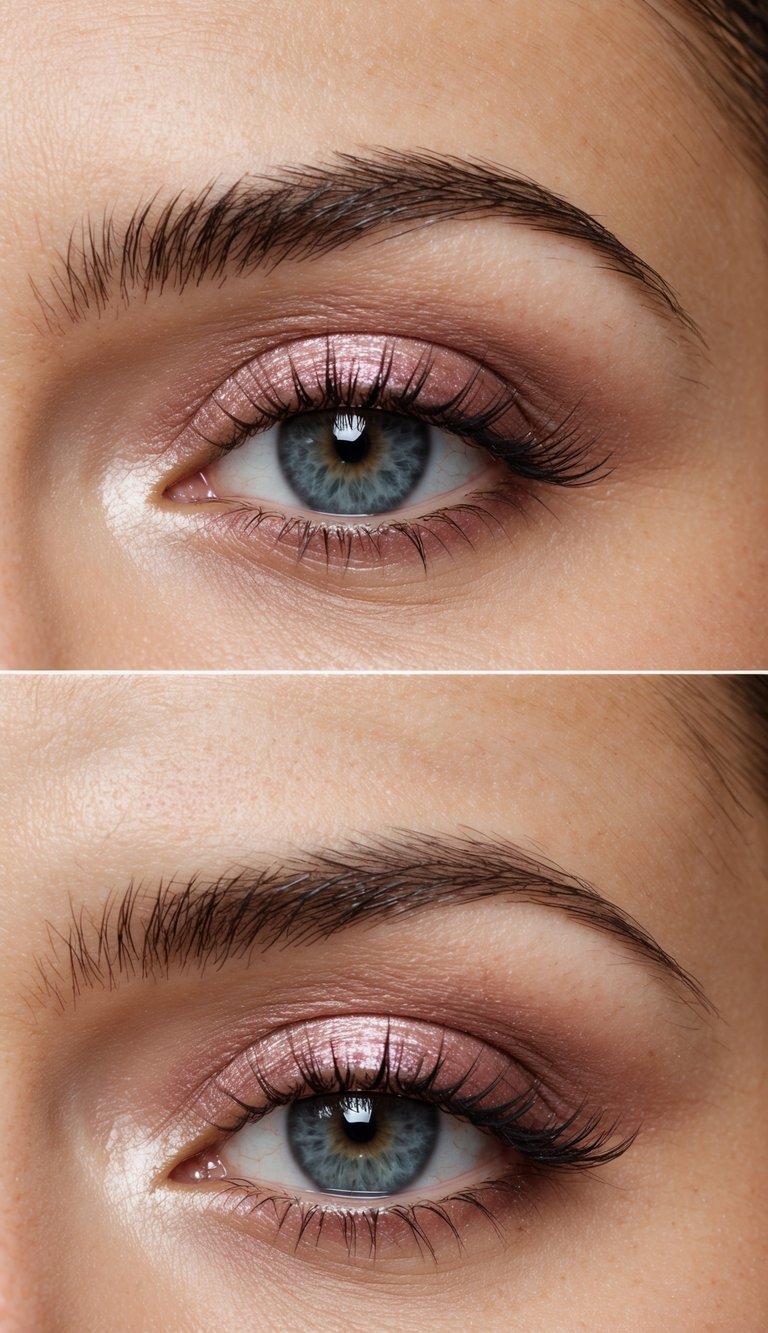 A close-up of an eye with rose quartz shadow and sparkling inner corners, exuding soft glam vibes