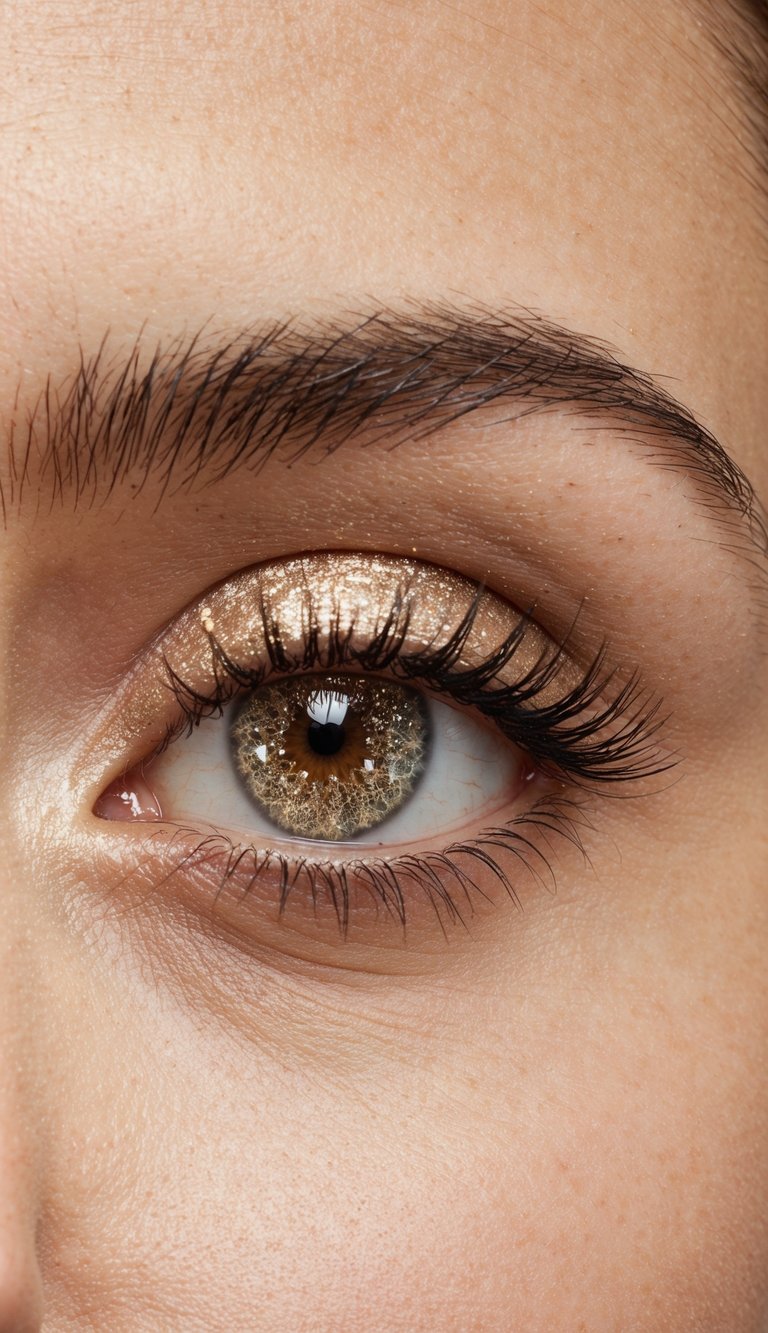 Close-up of a human eye with brown iris and long eyelashes, adorned with shimmering gold eyeshadow on the eyelid.