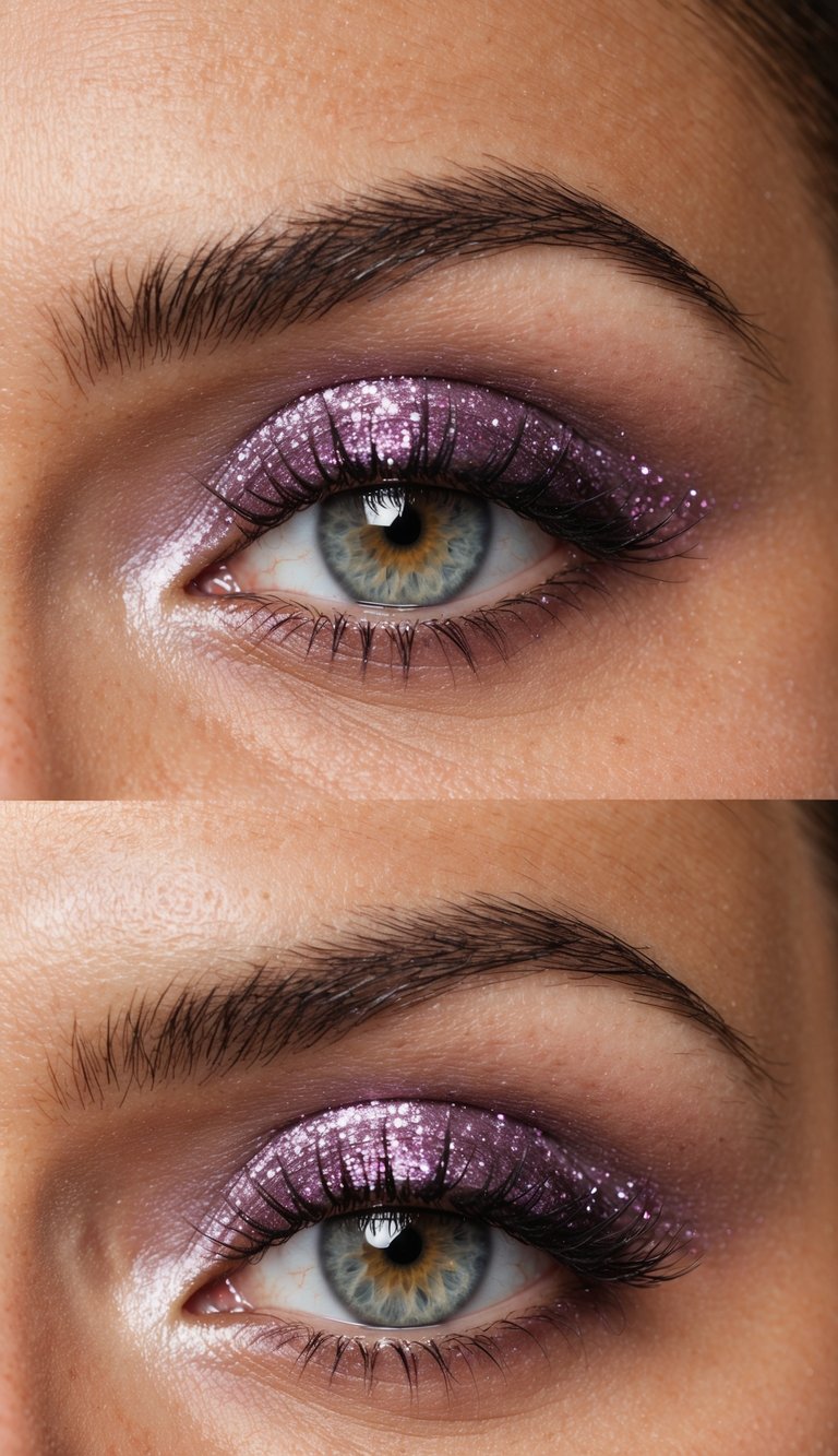 Close-up of an eye with purple glittery eyeshadow and defined eyebrows.