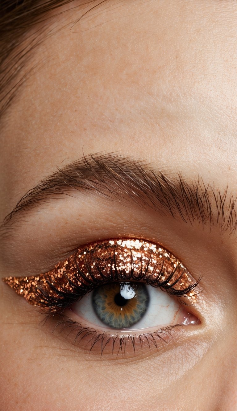 Close-up of an eye with blue iris and intricate golden glitter eyeshadow applied in a bold, winged style, accompanied by voluminous lashes.