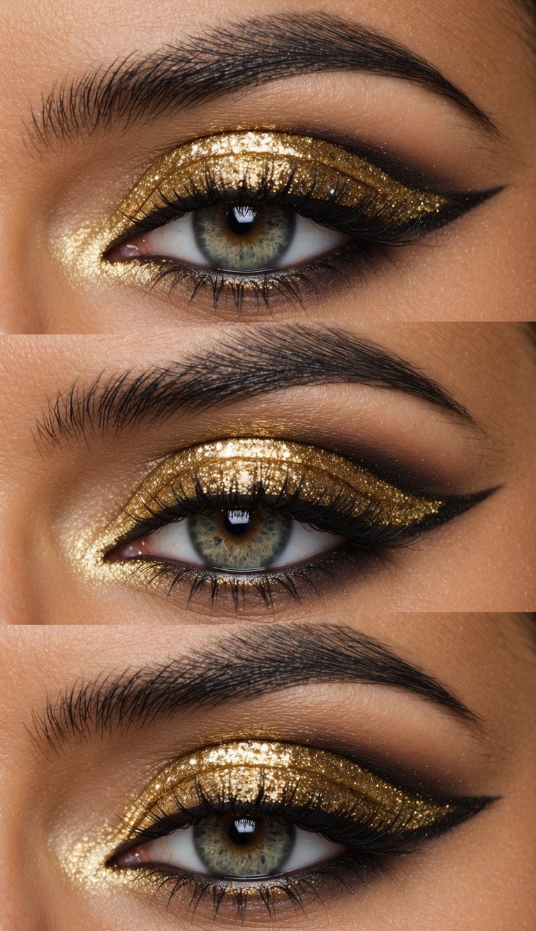Close-up of an eye with gold glitter eyeshadow and winged black eyeliner, showcasing different angles and lighting.