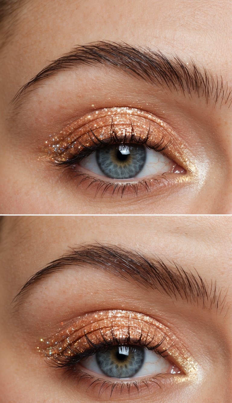 A close-up of an eye with peachy coral sparkle eyeshadow and fine glitter, catching the light and sparkling