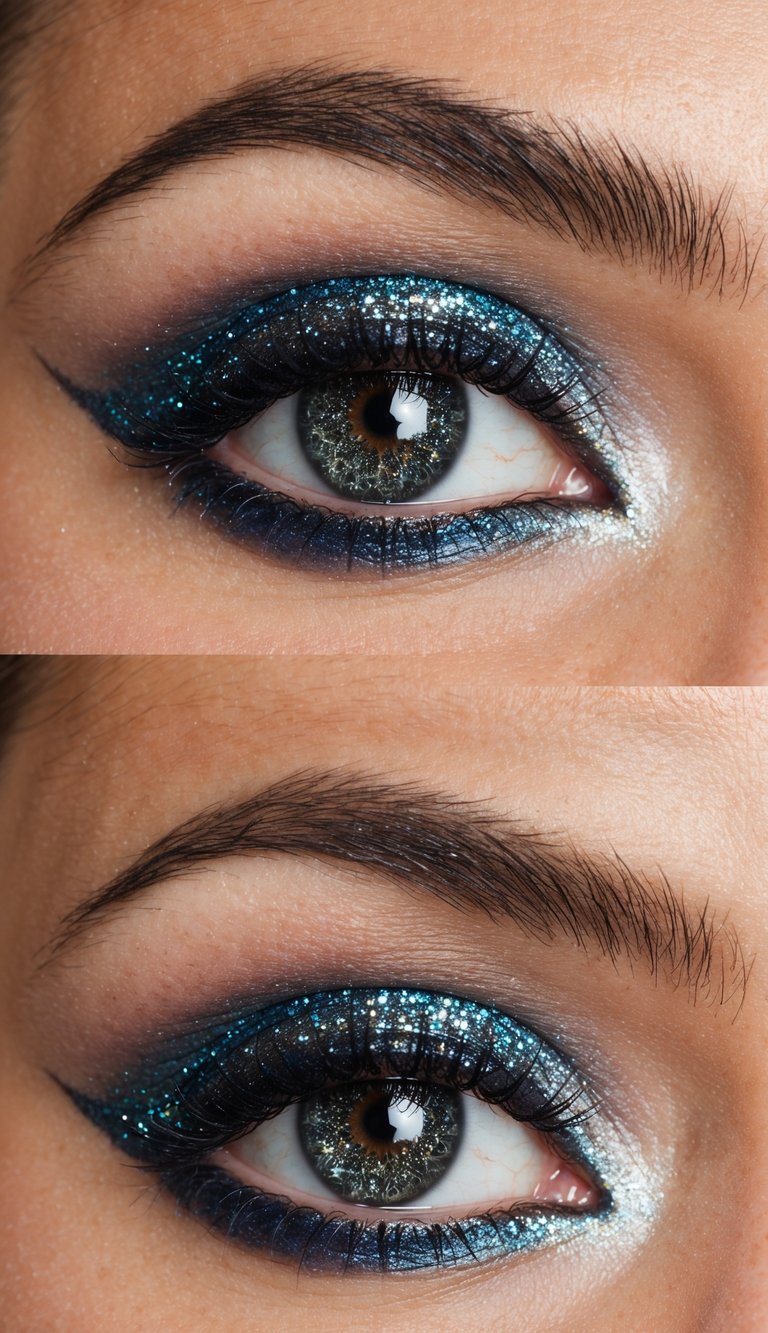 A close-up of an eye with a glittery gradient fade makeup look