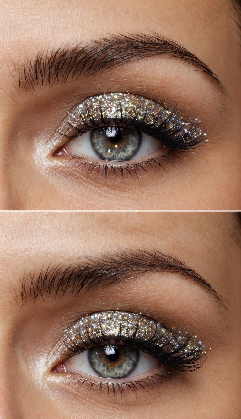 Eyes shimmering with fine glitter under bright lights