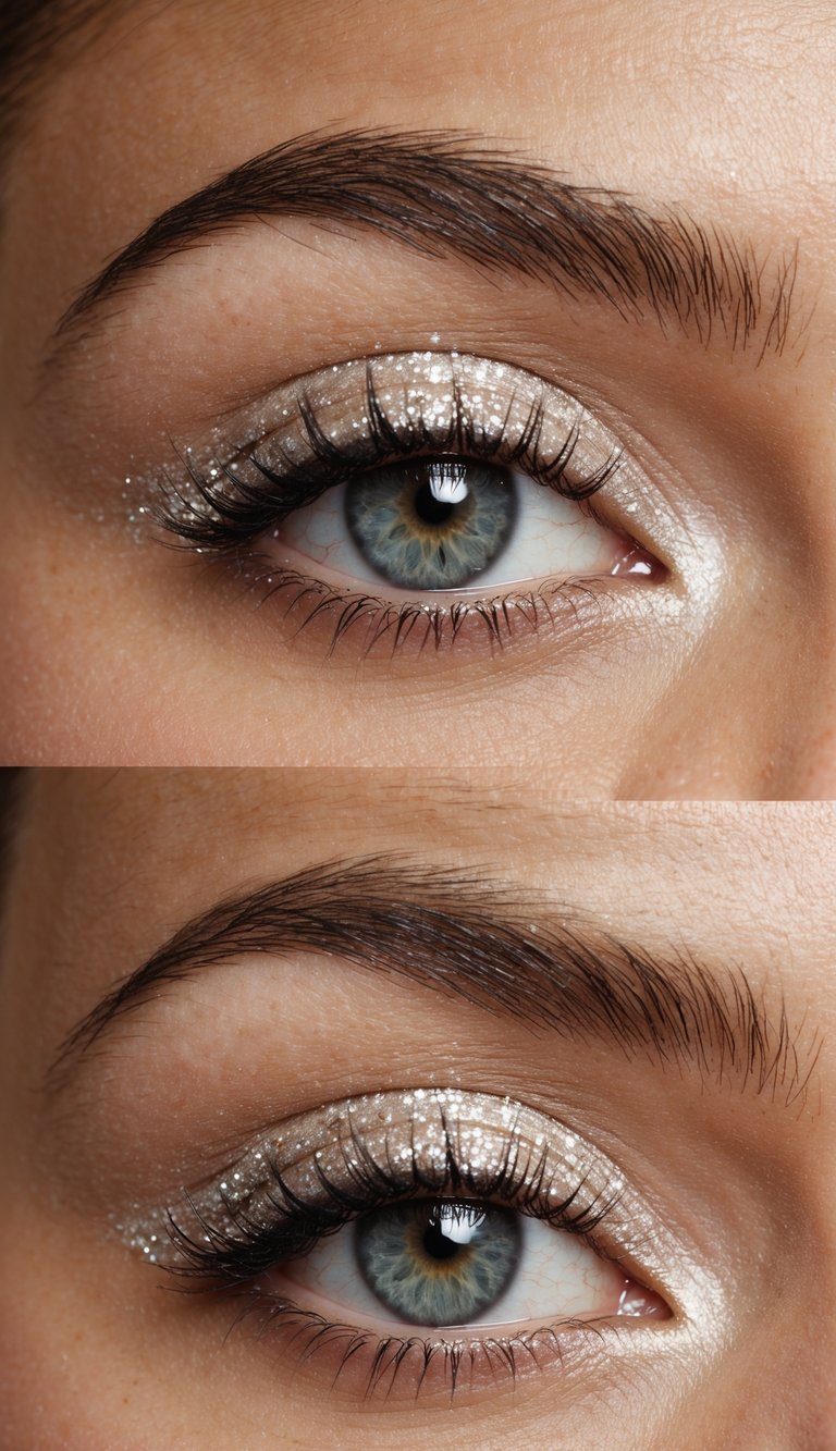 A close-up of an eye with shimmery pearl glitter eyeshadow catching the light