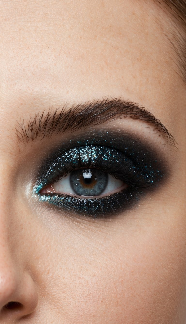 A close-up of a charcoal glitter smokey eye makeup look with fine glitter that sparkles under any light
