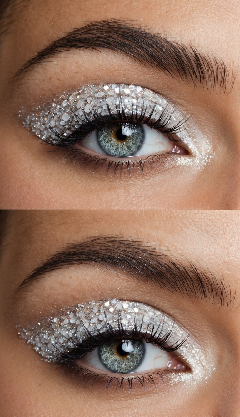 A close-up of a glittery eye makeup look with frosted white glitter sparkling under the light