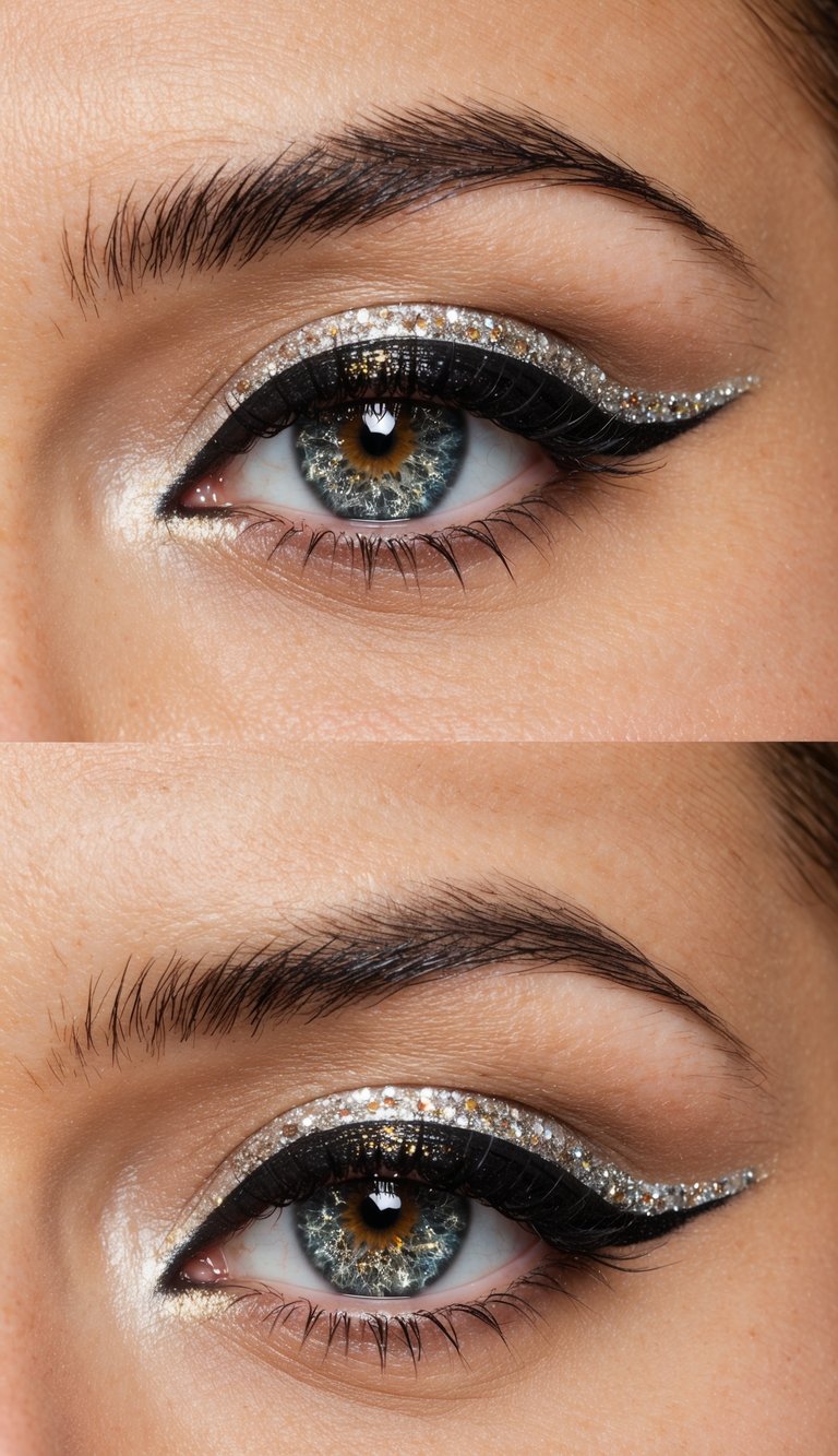 A close-up of a single eye with bold, glittery graphic liner, sparkling under bright light