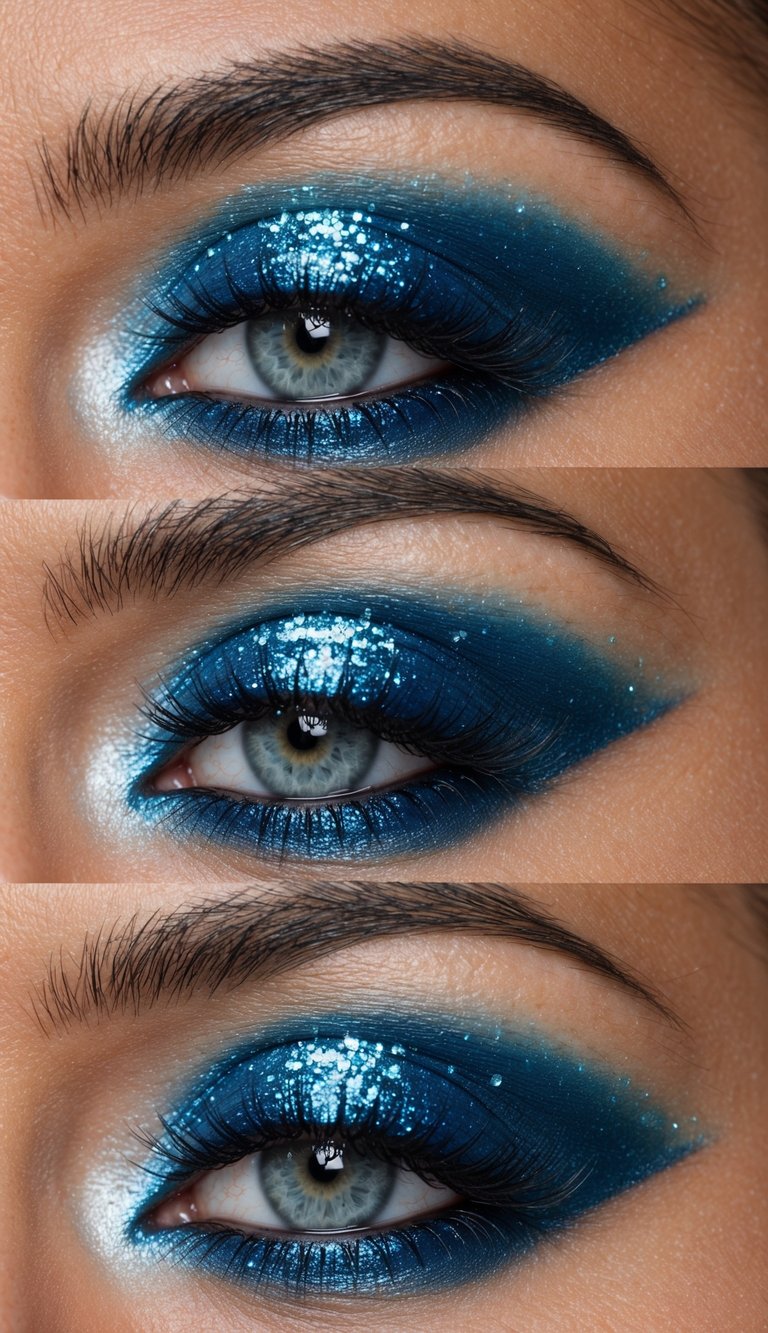 A close-up of an icy blue glittery eye makeup look catching the light